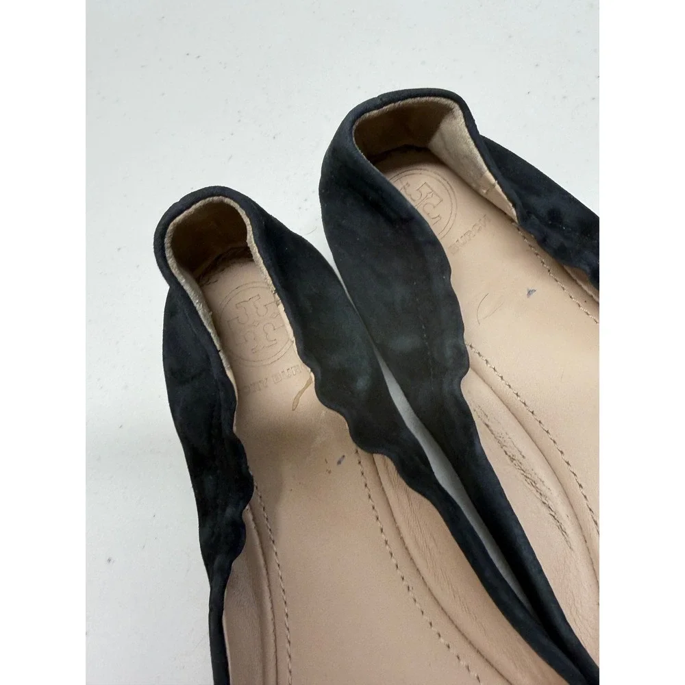 Tory Burch Reva Black Suede Embellished Crystal Logo Ballet Flats Shoes 6.5